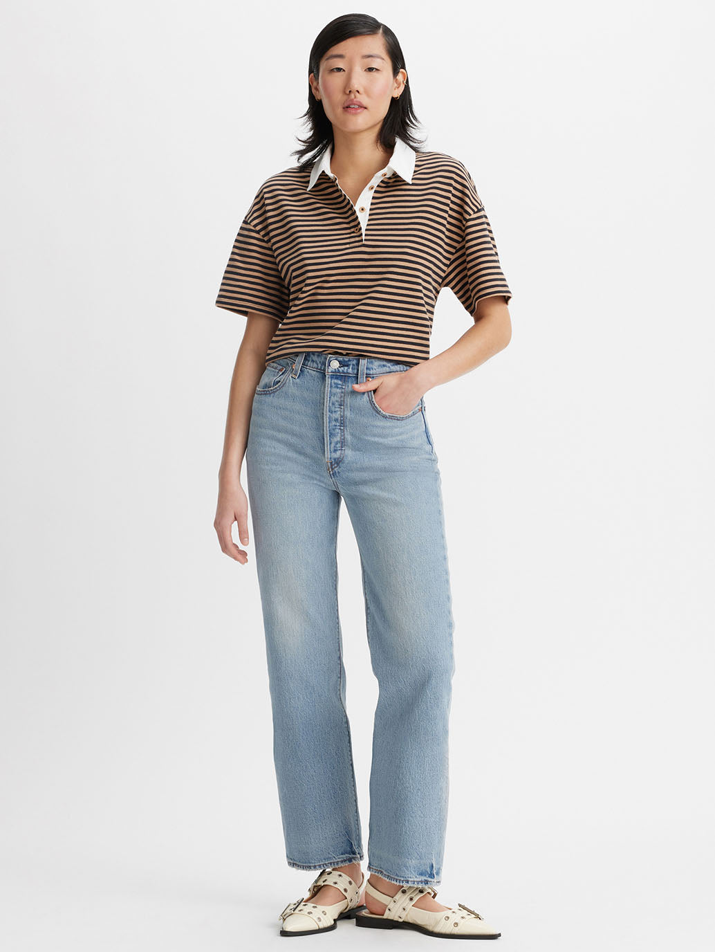 RIBCAGE ストレート アンクル ジーンズ ミディアムインディゴ