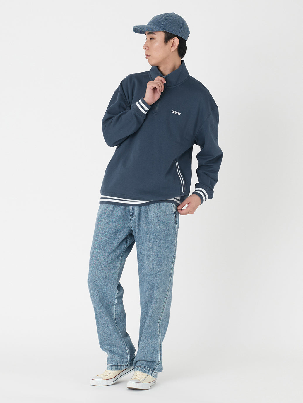 ハーフジップスウェットシャツ ブルー WILBOUR STRIPE