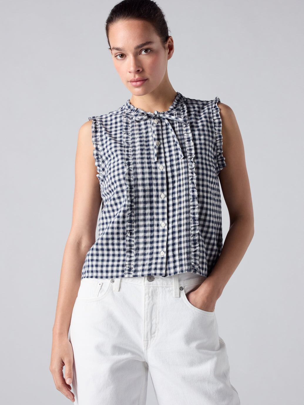 SHELBY SL SLIM BLOUSE Jette Check NAVY BLAZER Plai
