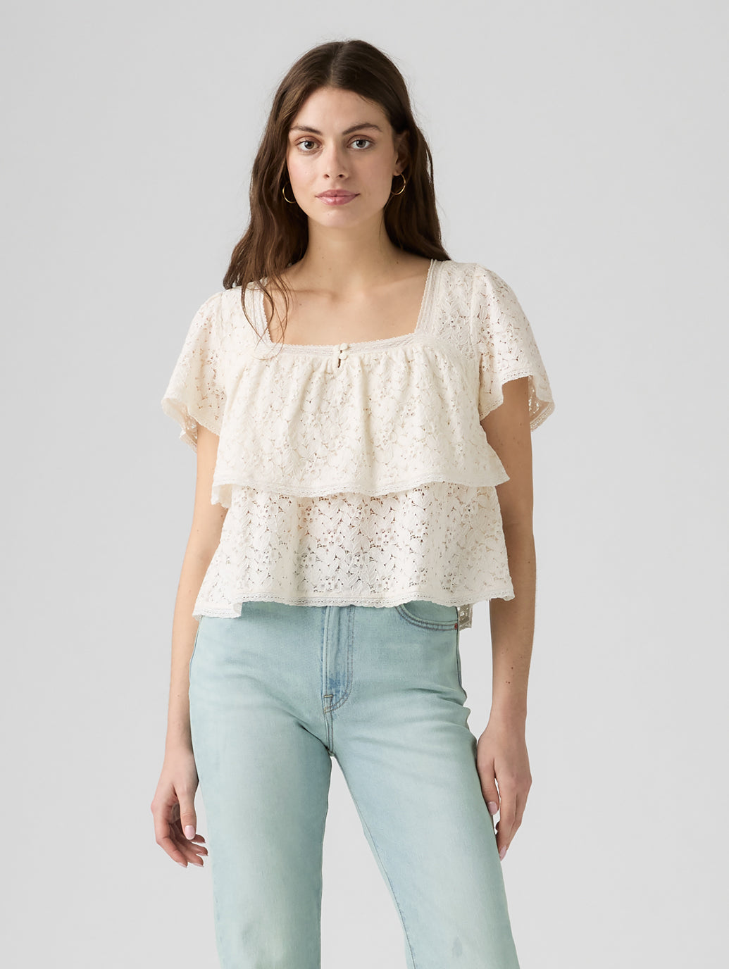 DOM SS LACE BLOUSE EGRET LACE