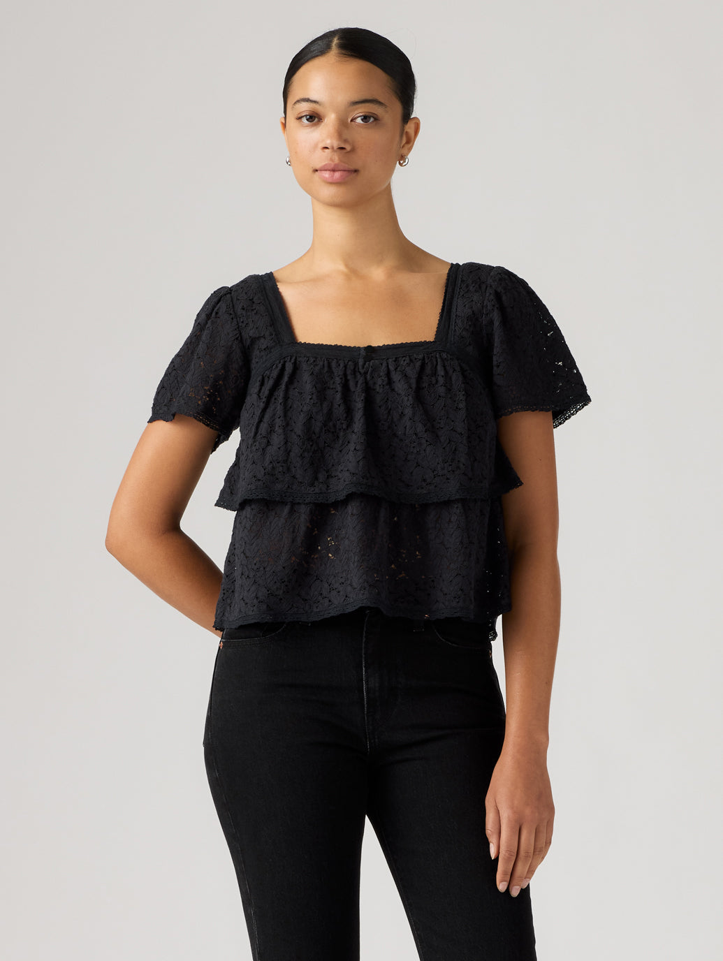 DOM SS LACE BLOUSE ANTHRACITE NIGHT LACE
